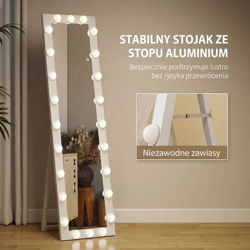 HOMCOM Pełnowymiarowe lustro 150x40 cm LED z 24 żarówkami, 3 kolory światła, stojące lub oparte, białe