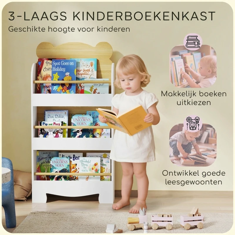 AIYAPLAY Kinderboekenrek in Beer Design met 3 Planken, Houten Opbergrek 55x15x110cm Wit(m-4)