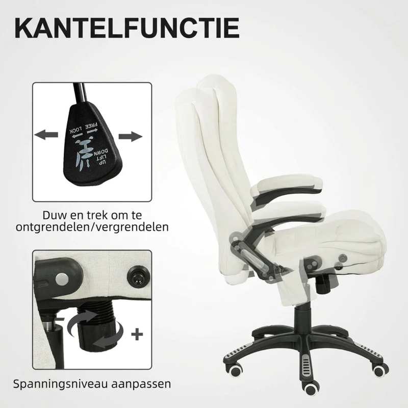 Vinsetto Ergonomische bureaustoel met massagefunctie, 68 x 72 x 110–120 cm, Cremewit(m-6)