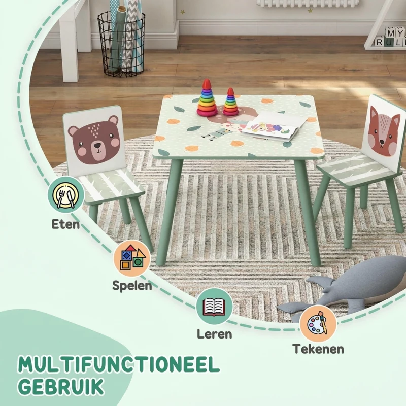 ZONEKIZ Zitgroep voor kinderen 3-8 jaar, 1 tafel & 2 stoelen, schattig dierenmotief, groen