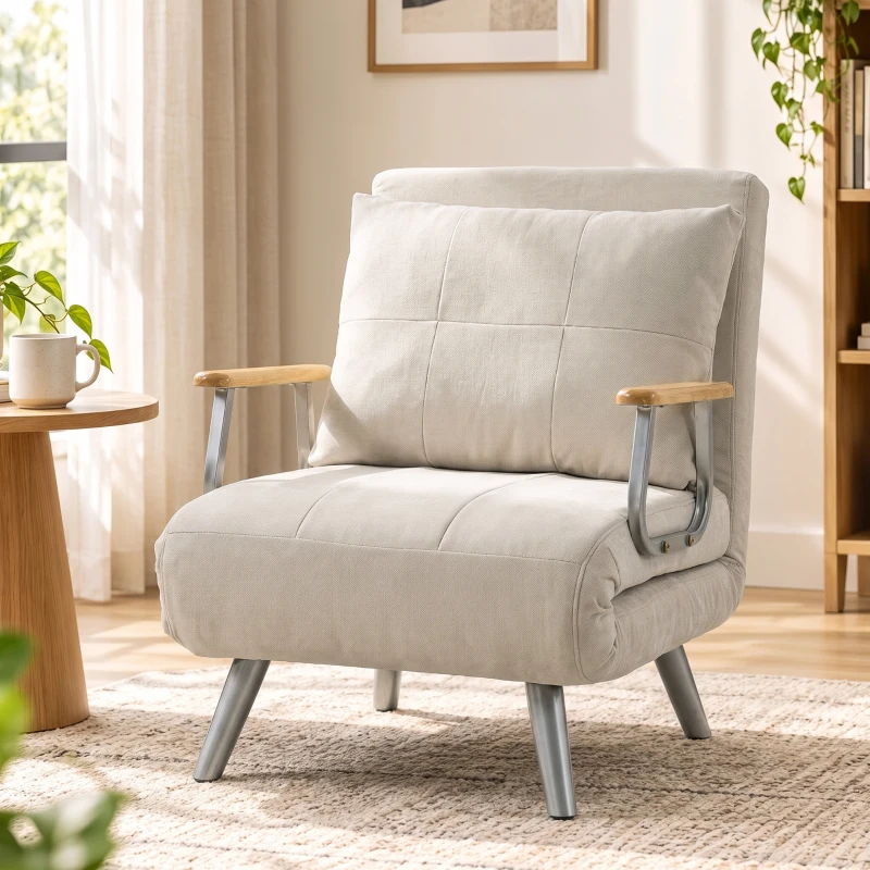 HOMCOM Poltrona-Cama em Veludo com Encosto Ajustável, Almofada e Braços em Madeira para Sala ou Quarto, Creme