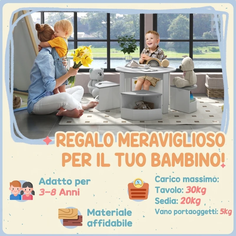 AIYAPLAY Set con Tavolo per Bambini e 4 Sgabelli Salvaspazio con Vano Contenitore in Legno, Grigio