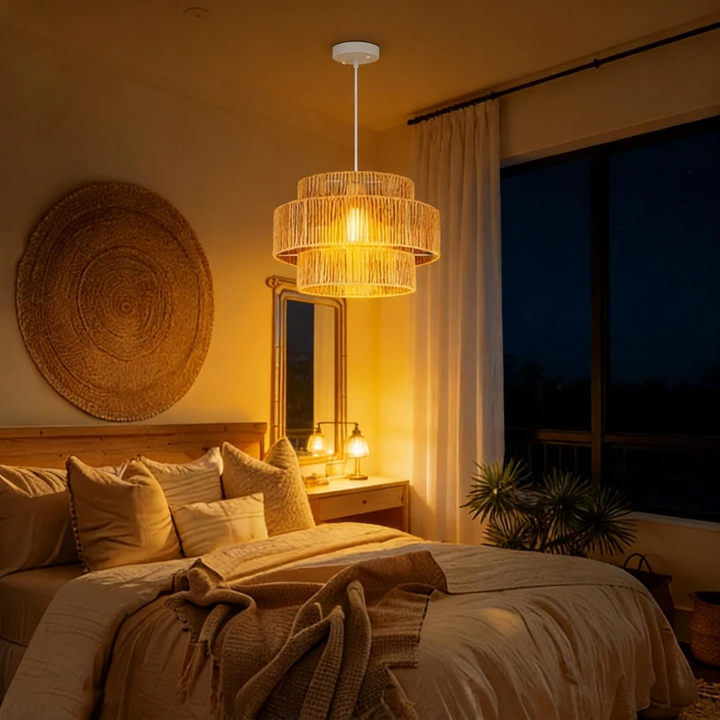 HOMCOM Hanglamp, Drielaags Lampenkap, Metaal, Henneptouw, Lichtbruin