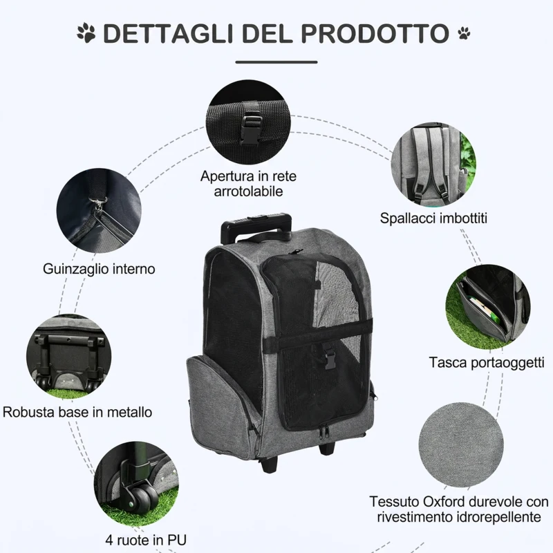 PawHut Trasportino Zaino  2 in 1 per Cani e Gatti con Tasche Laterali, Maniglia Telescopica e Ruote, 42x25x55cm, Grigio