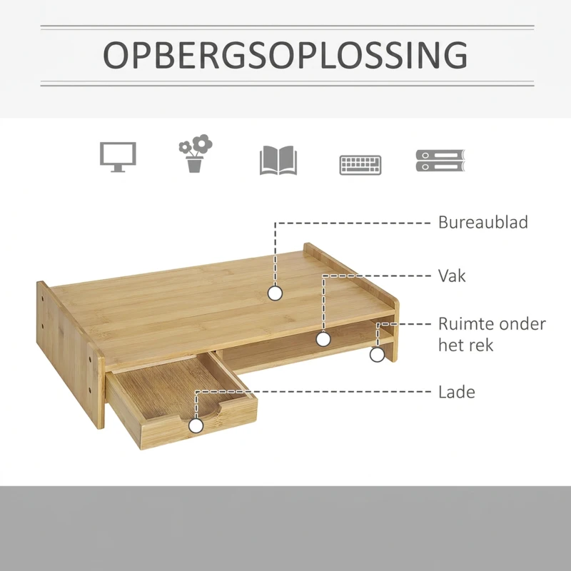HOMCOM Monitorstandaard met schuifladen schermstandaard bureau-organizer natuurlijk