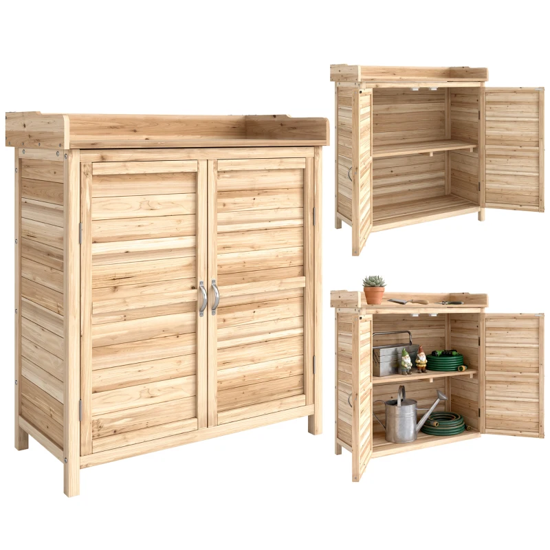 Outsunny Dulap Exterior cu 2 Rafturi din Lemn de Brad, Design Înălțat și 2 Uși, 83x40x92 cm