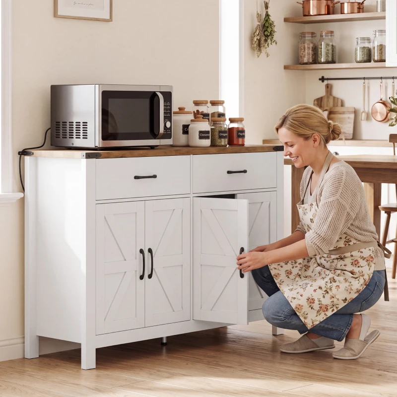 HOMCOM Buffet Aufbewahrungsschrank im Landhausstil, 2 Schubladen und 2 Schränke mit verstellbaren Einlegeböden, 120 x 39,3 x 82,5 cm, weiß