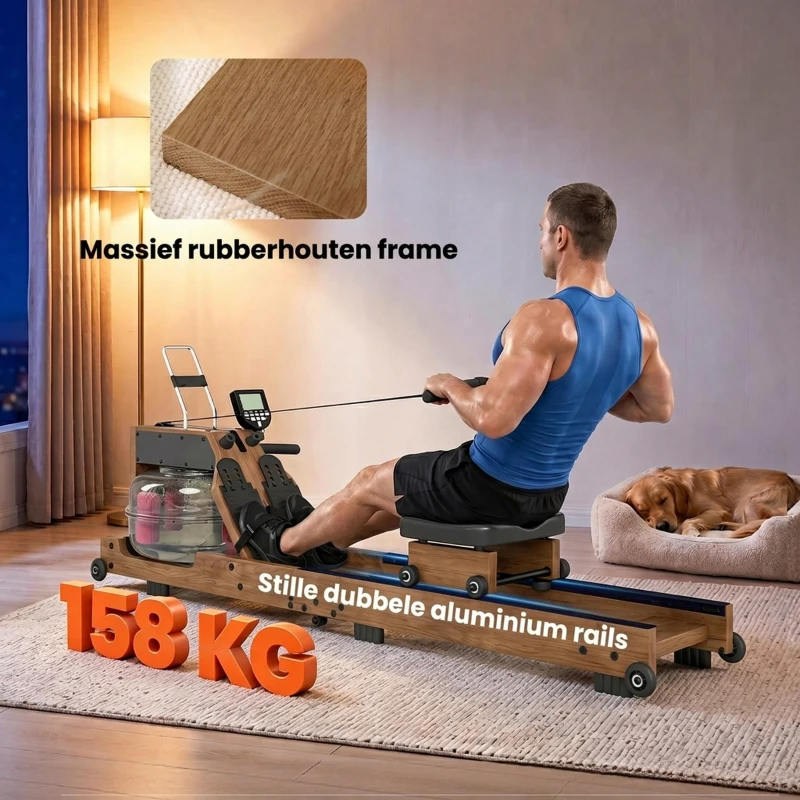 SPORTNOW Waterroeimachine voor thuis rubberhout opvouwbaar met Bluetooth APP dubbele aluminiumrails LCD-display tot 158 kg