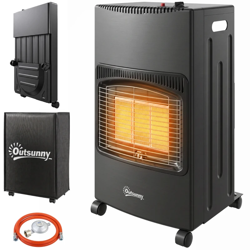 Outsunny Gas Heizstrahler Outdoor 1,5-4,2 kW Klappbar Terrassenheizer mit Rollen Schutzhülle 3 Leistungsstufen Schlauch