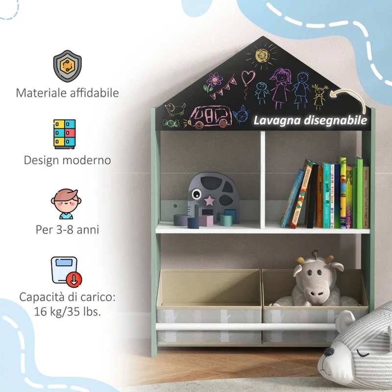 ZONEKIZ Scaffale Portagiochi per Bambini con Ripiani e Cassetti Rimovibili, Verde