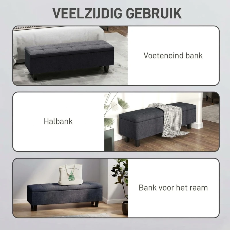 HOMCOM Opbergbank in linnenlook met rubberhouten poten, voor woonkamer, slaapkamer en hal, donkergrijs(m-6)