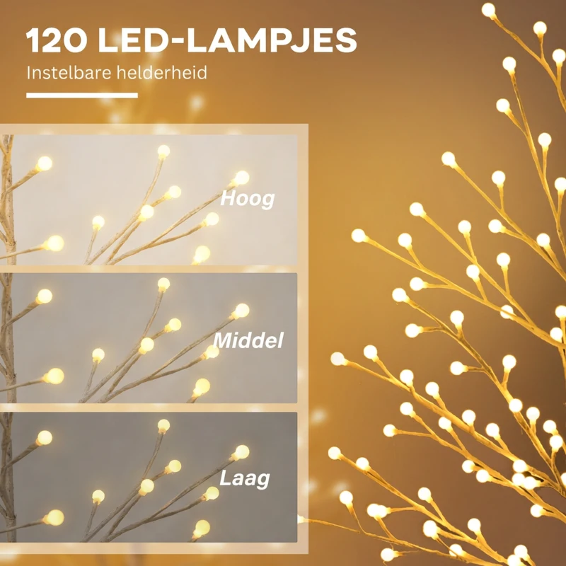 HOMCOM Kunstberk met 120 LED-lampjes, 3 lichtstanden, opvouwbare takken, IP44, 150 cm, wit