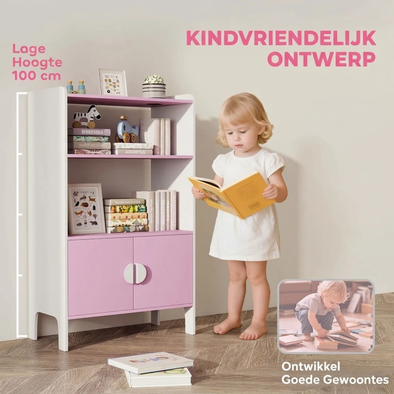 AIYAPLAY Boekenrek voor kinderen, 2 schappen, 2 kasten, vrijstaand, kantelbeveiliging, antislipvoetjes, MDF, Roze+Wit