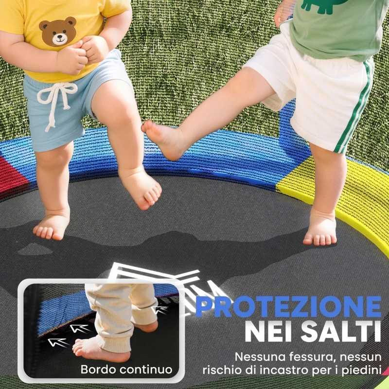 HOMCOM Tappeto Elastico per Bambini 3-6 Anni con Rete di Protezione, 6 Colonne e 3 Ingressi, Ø140x190 cm, Multicolore