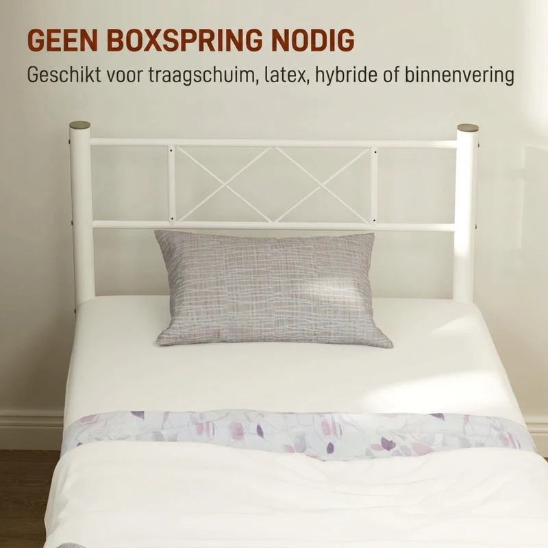 HOMCOM Eenpersoonsbedframe met Hoog Hoofdeinde, Eenvoudige Montage, Opbergruimte onder het Bed, Staal, Wit