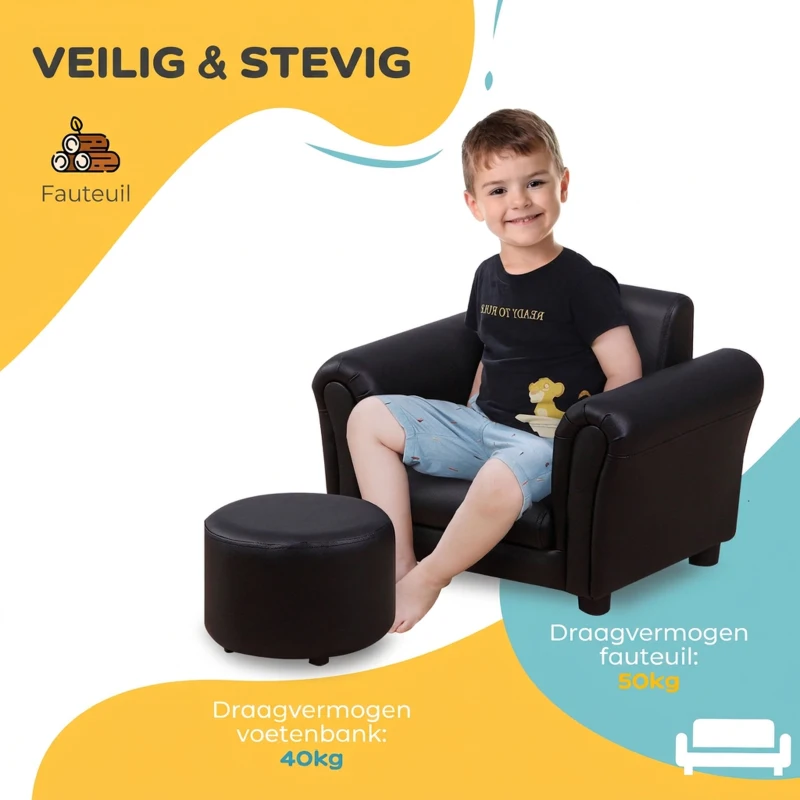 HOMCOM kinderstoel met poef, kinderbank kinderbank mini-bank voor 3-7 jaar kinderen kindermeubel hout zwart 54 x 42 x 41 cm