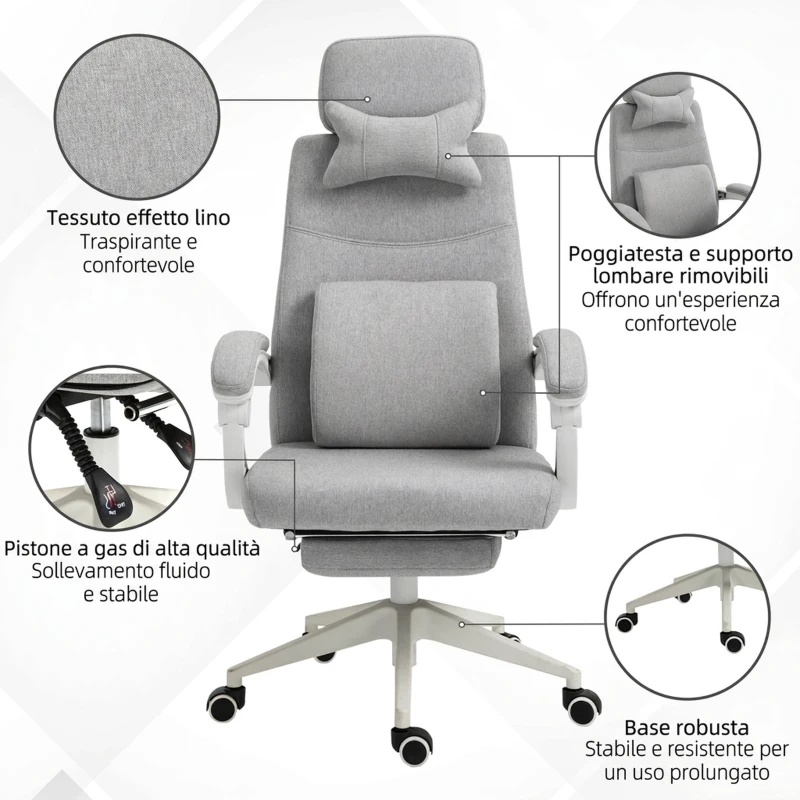 Vinsetto Sedia da Ufficio Ergonomica, Sedia da Scrivania con Rotelle, Cuscino Lombare, Poggiatesta e Poggiapiedi Estraibile, Grigia 62x68x117-127cm