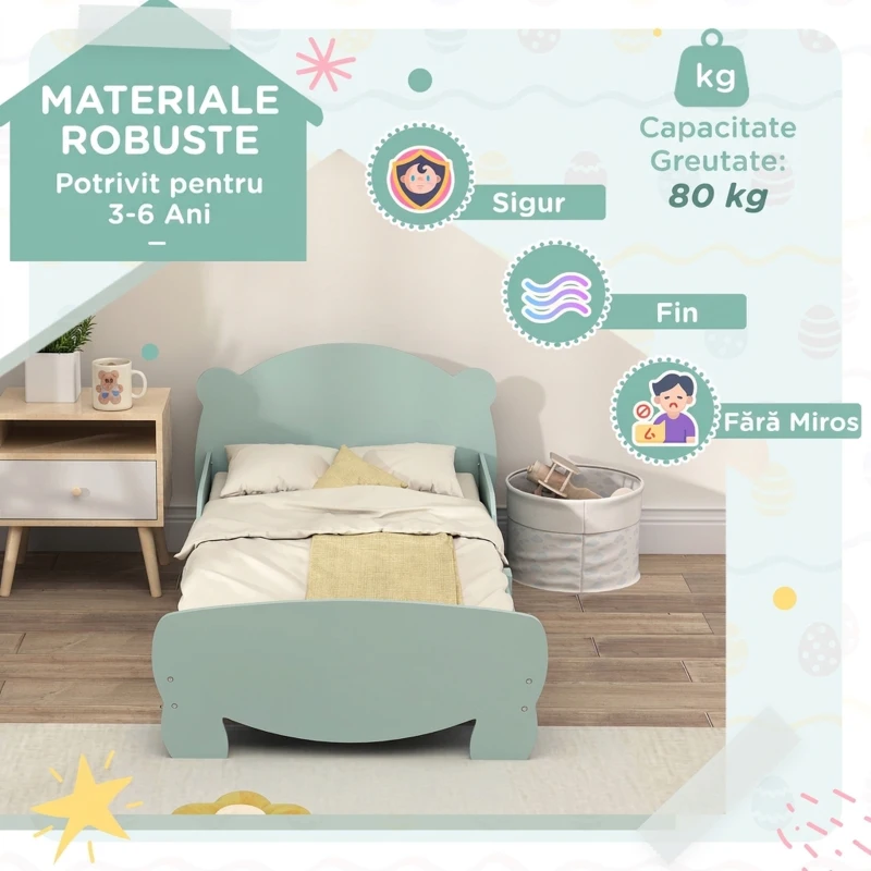 AIYAPLAY Pat pentru Copii cu Tăblie și Suport pentru Picioare în Formă de Urs și 2 Laterale, din Lemn, 143,5x80x55 cm, Verde