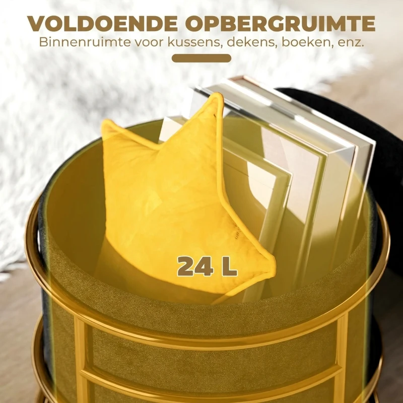 HOMCOM Opberghocker, gepolsterde voetenbank, metalen frame, verguld, Zwart