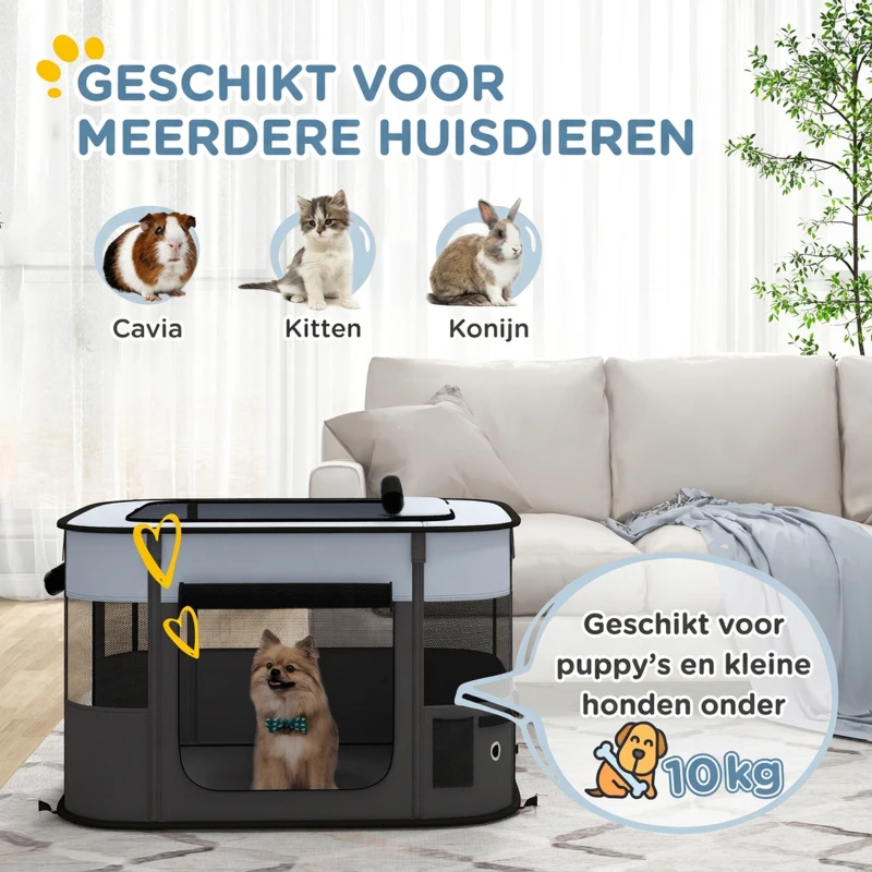 PawHut Huisdieren Speelhek, Opvouwbaar, met Opbergtas, voor Puppy's en Katten, Binnen en Buiten, Grijs