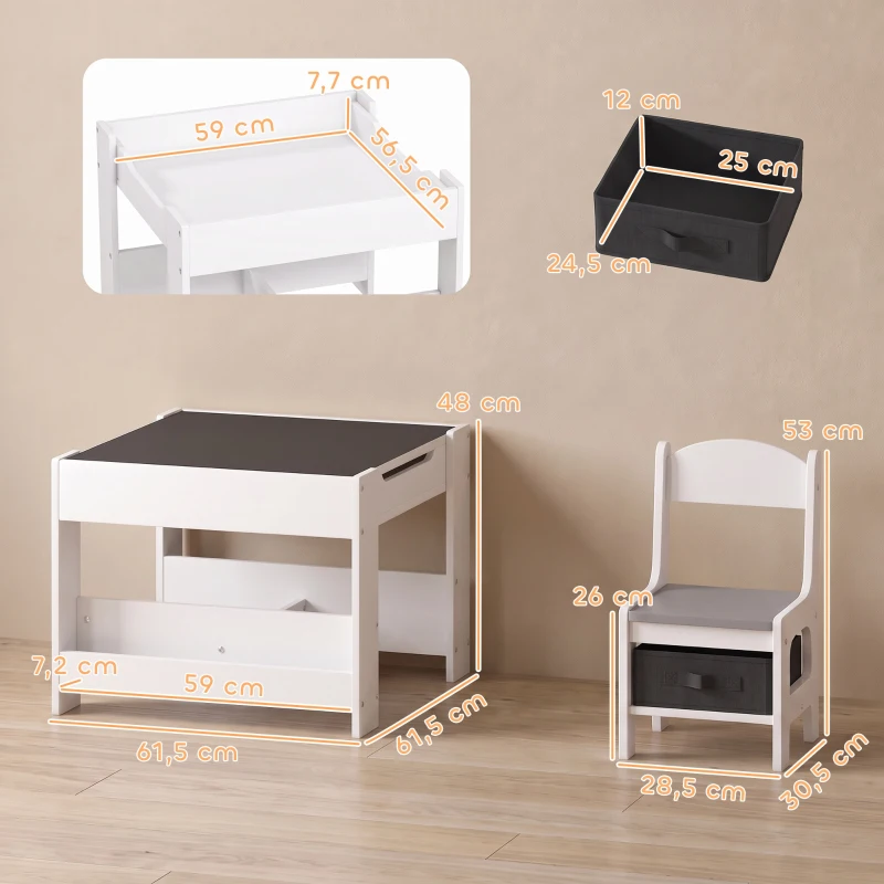HOMCOM Conjunto de Mesa e 2 Cadeiras Infantis 2 em 1 com Ardósia Gavetas de Tecido e Espaço de Armazenamento para Quarto Cinza