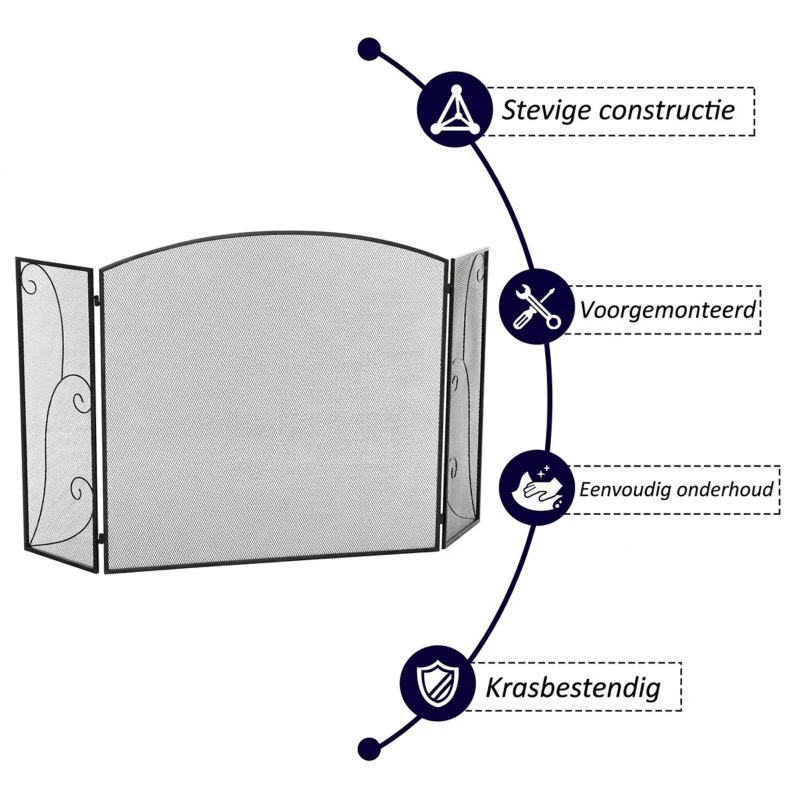 HOMCOM Vuurvonkbescherming voor haarden, 3 panelen, inklapbaar, flexibel, metaal, zwart, 132,5 x 76,5 cm.