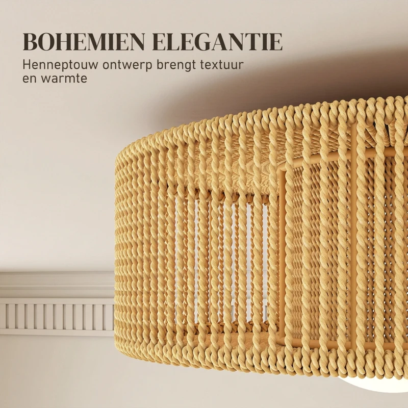 HOMCOM Plafondlamp, hangende boho-plafondlamp met G9 LED-fitting, rond lampscherm van henneptouw