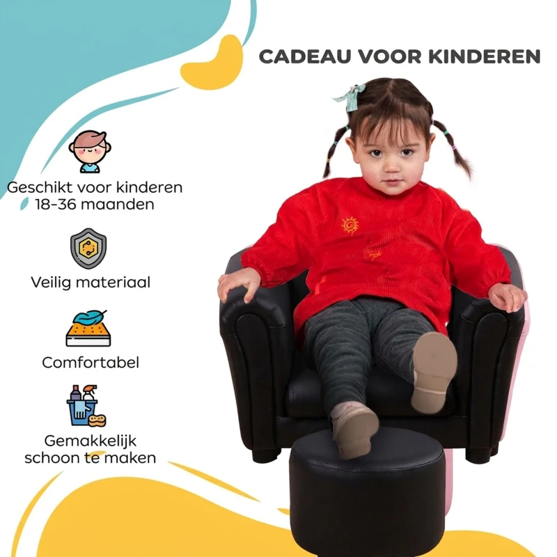 HOMCOM kinderstoel met poef, kinderbank kinderbank mini-bank voor 3-7 jaar kinderen kindermeubel hout zwart 54 x 42 x 41 cm