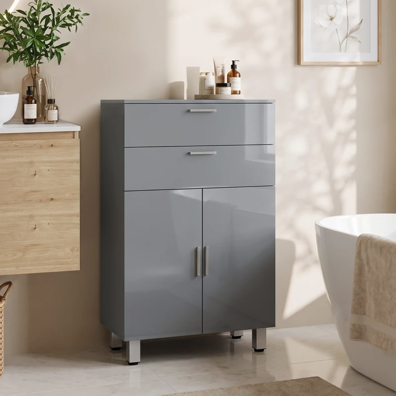 kleankin Badkamerkast, badkamercommode met 2 lades, verstelbare plank, hout, grijs