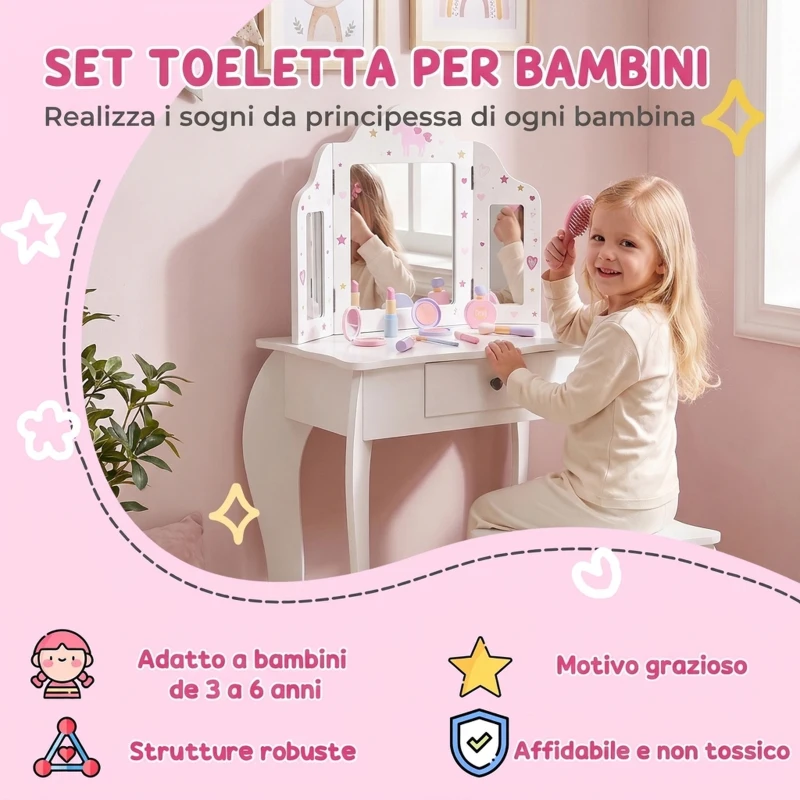 HOMCOM Toeletta per Bambini con Sgabello, Tavolo Trucco con Triplo Specchio e Cassetto, 63x40x85.5cm, Bianco