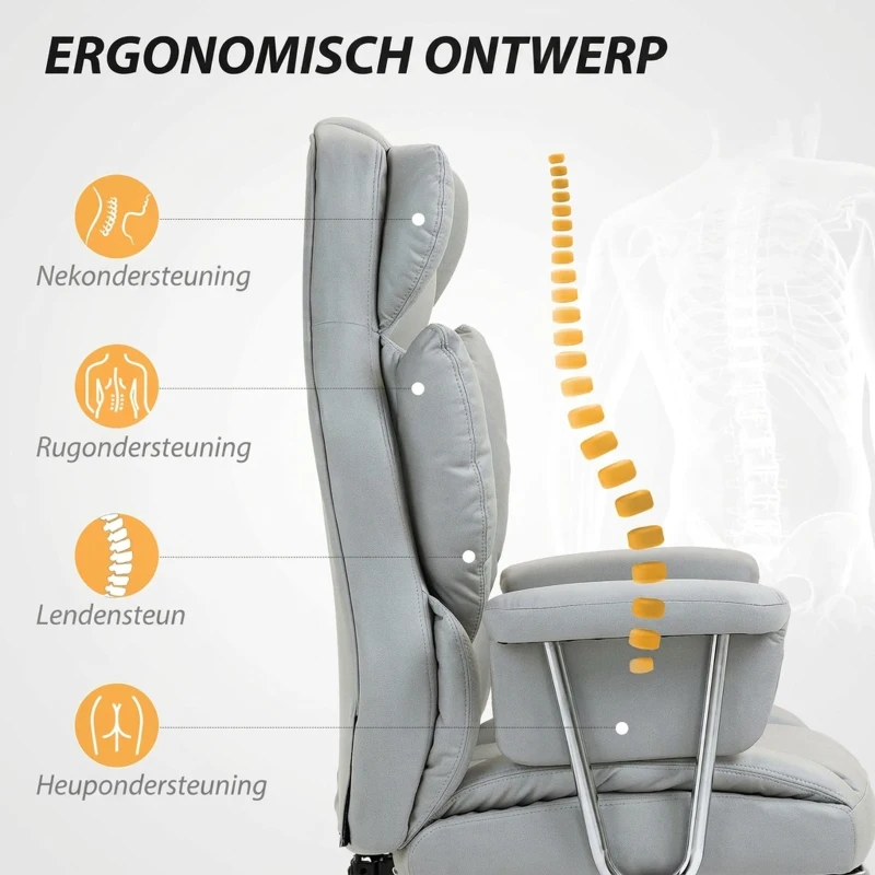 HOMCOM Ergonomische Bureaustoel met Armleuningen, Voetsteun, in Hoogte Verstelbare Draaistoel van Microvezelstof, Gevoerd Computerstoel, Lichtgrijs(m-4)