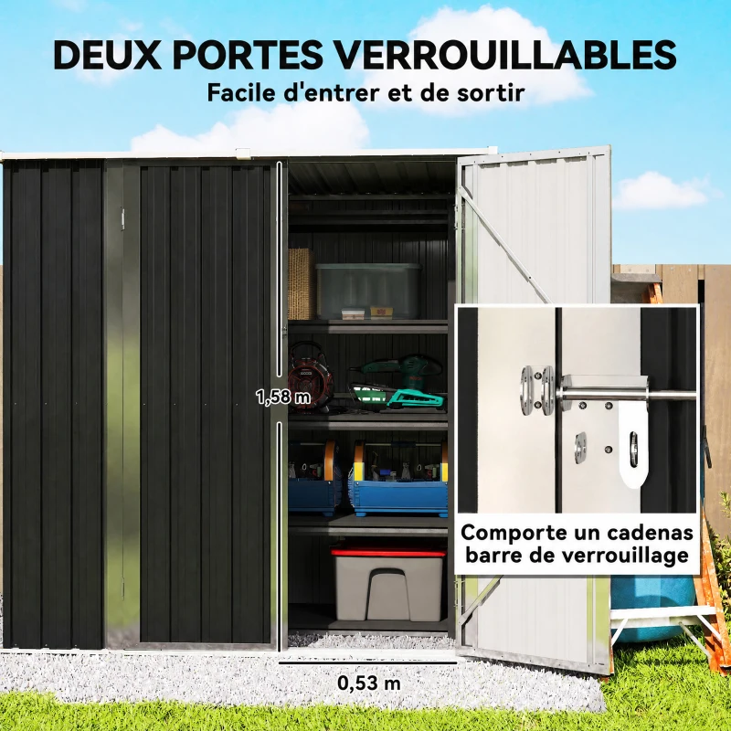Outsunny Abri de Jardin en Métal 1,37m², Toit Incliné, 2 Portes Verrouillables, Gants, Anti-UV, 163x89x163cm, Gris Foncé