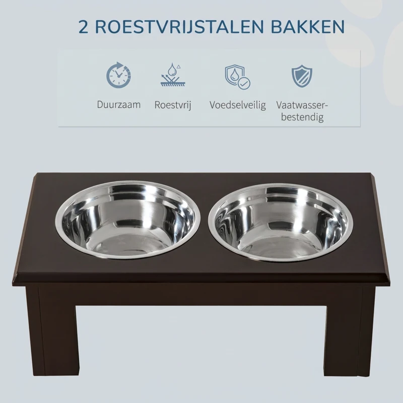 PawHut Verhoogde hondenbak voerbak huisdier rvs voerbakken MDF koffie