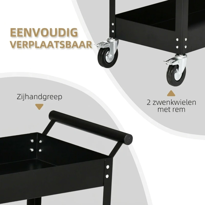 DURHAND Gereedschapswagen, 2 niveaus, wagen, 4 wielen, staal, tot 150 kg, 84,5 x 38 x 84 cm, Zwart(m-5)