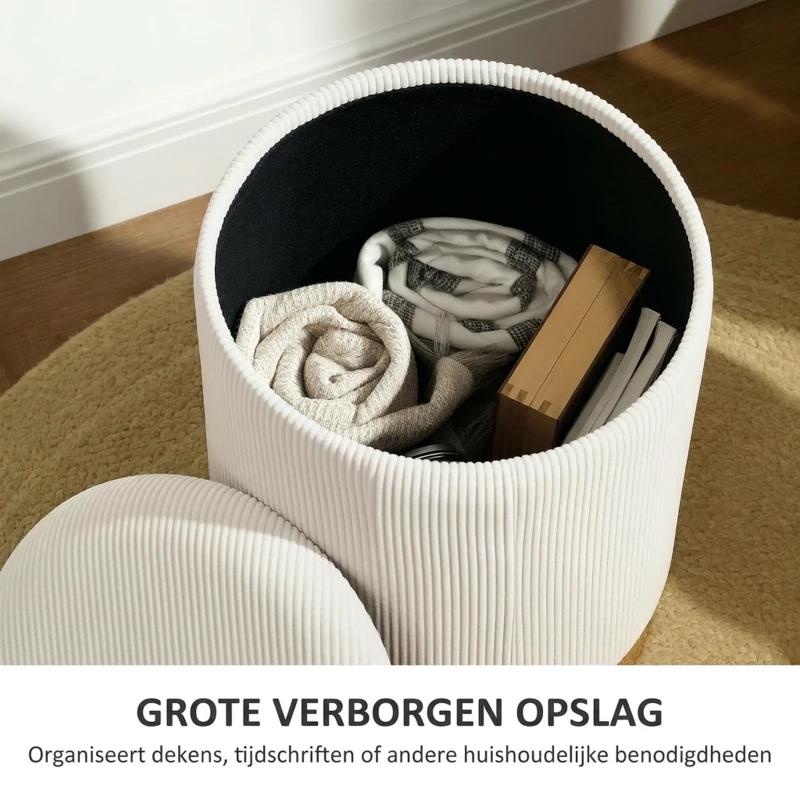 HOMCOM Zitpoef met Opbergruimte, Opvouwbare Poef met Deksel, Stalen Bodem, Ronde Voetenpoef 36 x 36 x 44 cm Crèmewit