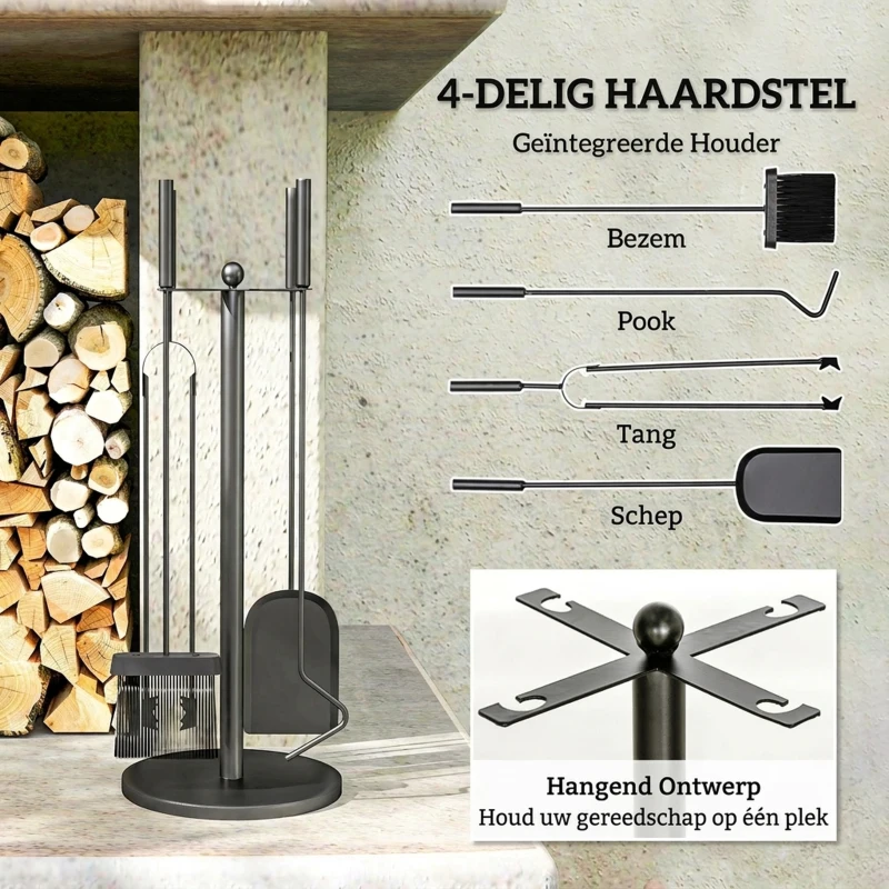 Outsunny Haardgereedschap, 5-delig, Bezem, Schop, Tang, Pook en Standaard, Brandveilig Metaal, Zwart