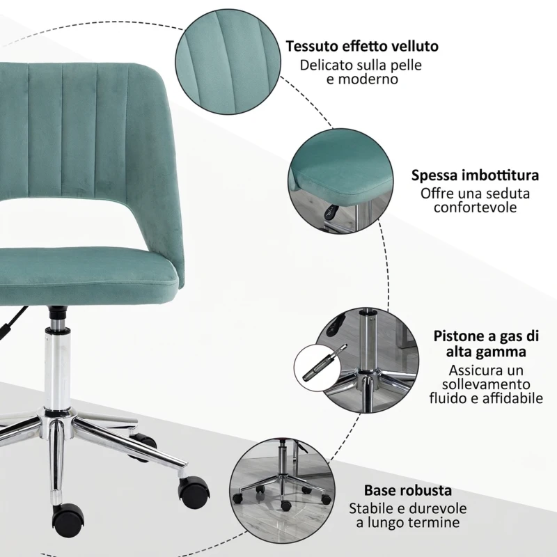 Vinsetto Sedia da Ufficio Ergonomica ad Altezza Regolabile, in Tessuto Vellutato, 49x60x79-91 cm, Verde Petrolio