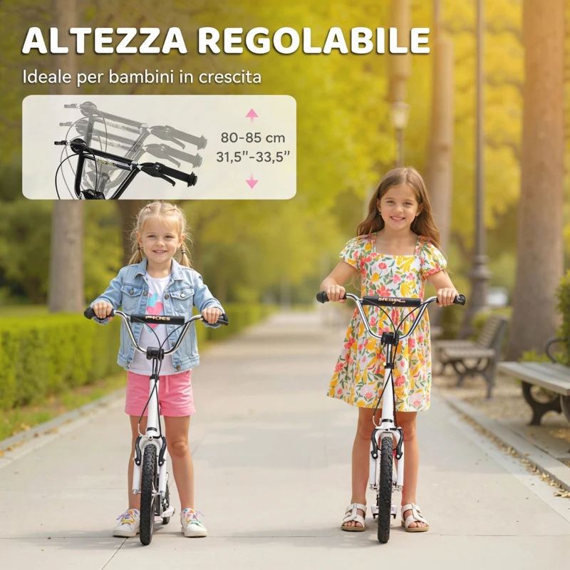 HOMCOM Monopattino con Manubrio Regolabile, Ruote Grandi, 2 Freni e Telaio in Metallo, per Bambini 5+ Anni, Max 100kg, 120x58x85-95cm, Bianco