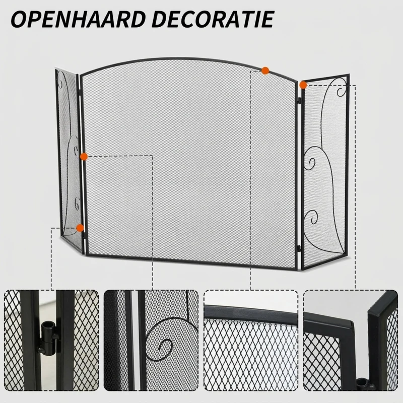 HOMCOM Vuurvonkbescherming voor haarden, 3 panelen, inklapbaar, flexibel, metaal, zwart, 132,5 x 76,5 cm.