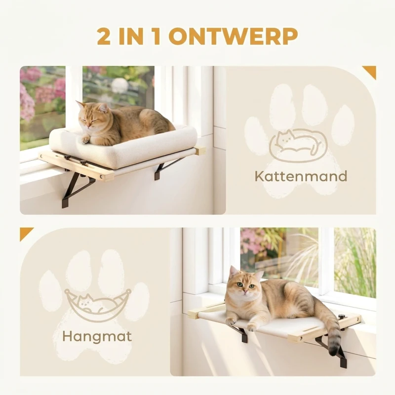 PawHut Kattenhuis met beugel voor vensterbanken en radiatoren, kussen, houten frame, wit