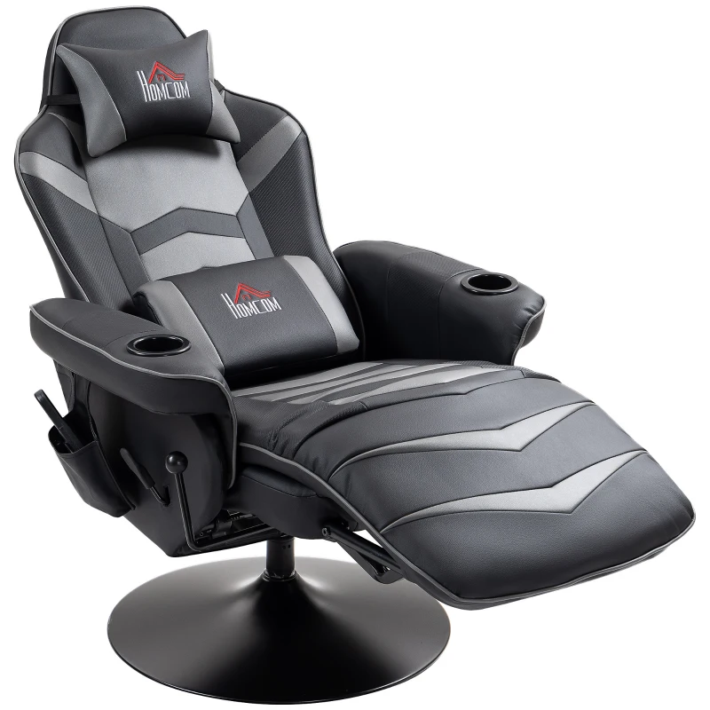 HOMCOM Gamingsessel, Massagefunktion, neigbare Lehne, Fußstütze, bis 120 kg, Stahlrahmen, Kunstleder, Grau(m-11)