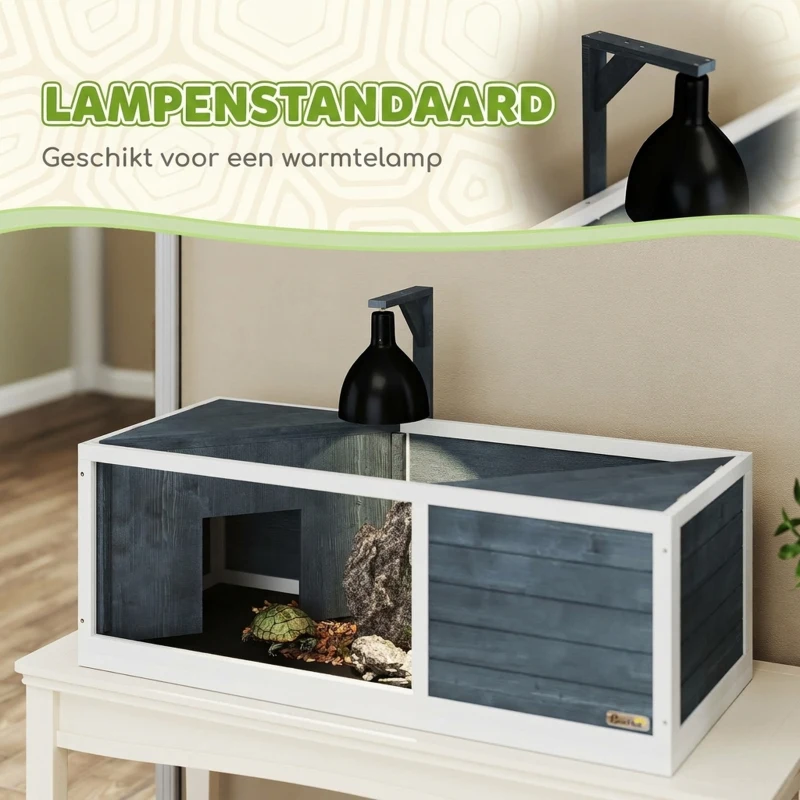PawHut Schildpaddenverblijf met Opklapbare Bovendeel, Lampstandaard, Doorzichtige Voorplaat, 120 x 50 x 40 cm, Grijs