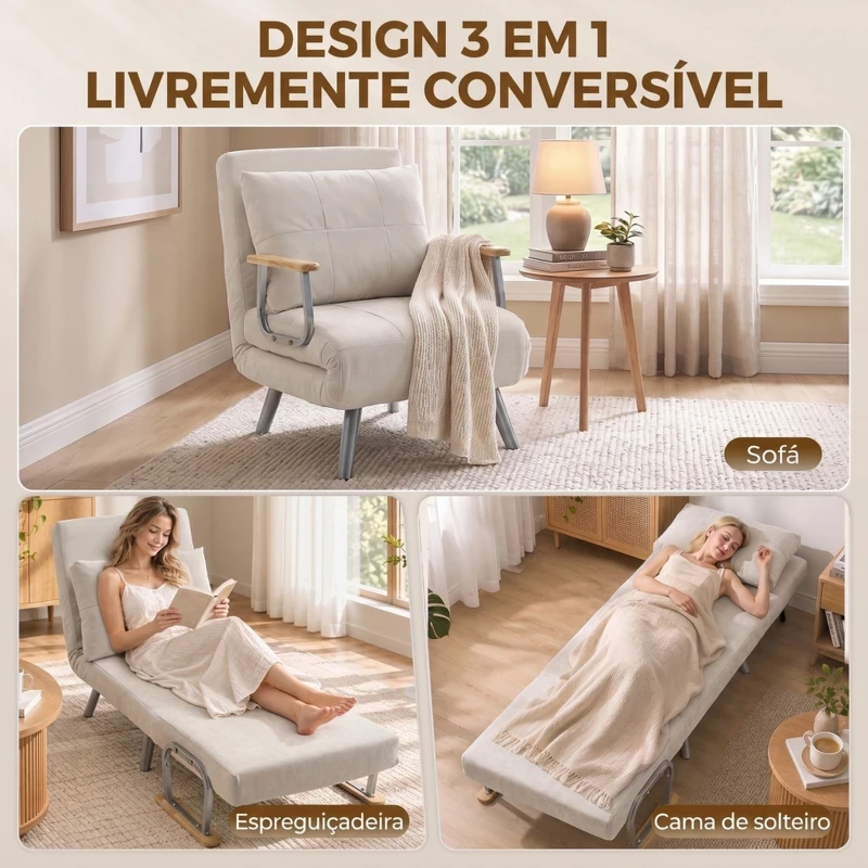 HOMCOM Poltrona-Cama em Veludo com Encosto Ajustável, Almofada e Braços em Madeira para Sala ou Quarto, Creme