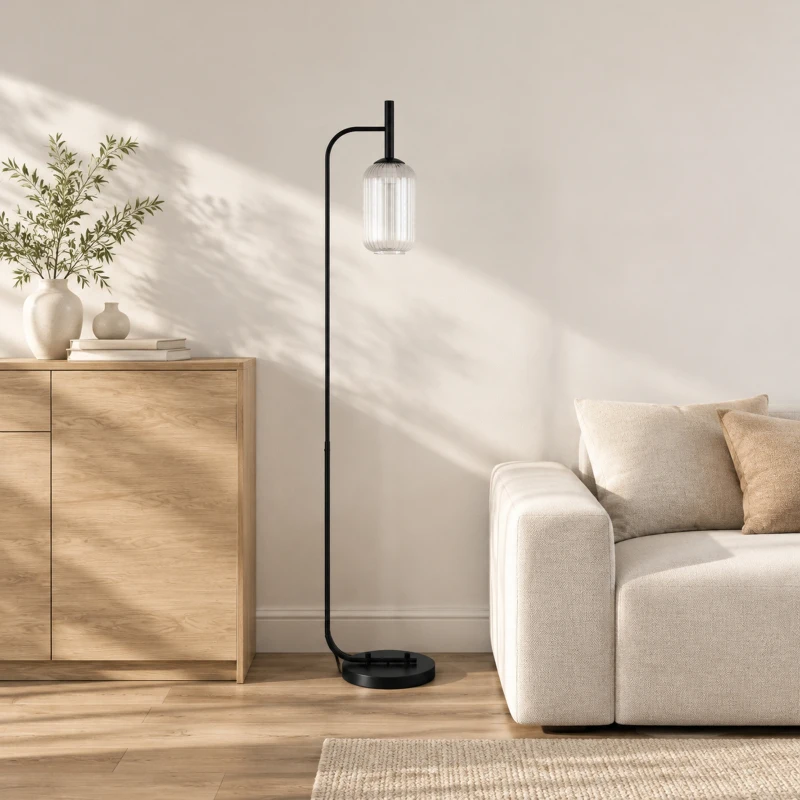 HOMCOM Lampadar de podea living lampă de podea cu abajur din sticlă texturată întrerupător la picior 29 x 25 x 152 cm metal negru