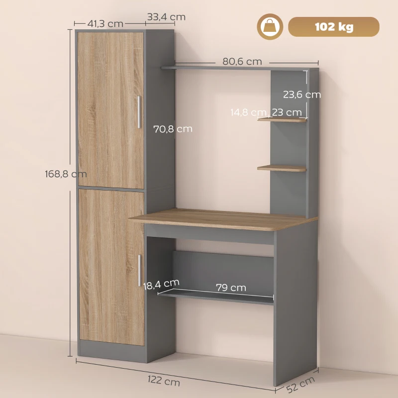 HOMCOM Computertisch mit 2 Schränken und offenen Regalen, nordischer Stil, 122 x 52 x 168,4 cm, Dunkelgrau und Naturholz