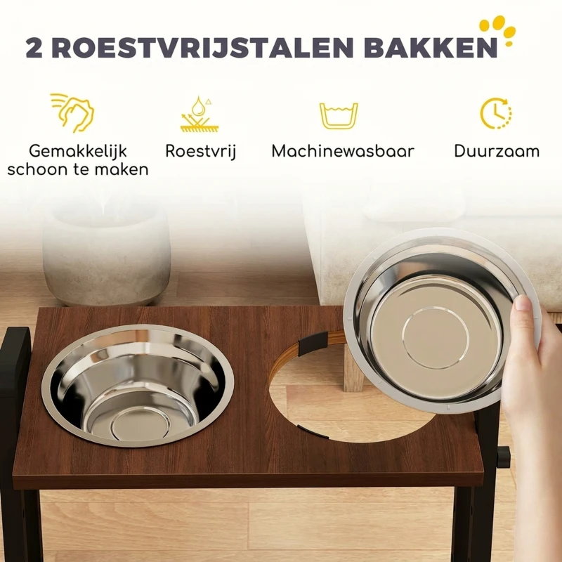 PawHut Verhoogde hondenbak, 4 hoogte-instellingen voerbak met standaard, 2 x 1,2 L roestvrijstalen kommen, 3 verstelbare hoeken, bruin