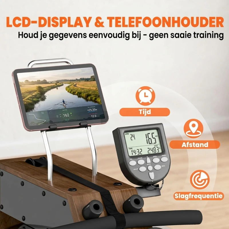 SPORTNOW Waterroeimachine voor thuis rubberhout opvouwbaar met Bluetooth APP dubbele aluminiumrails LCD-display tot 158 kg