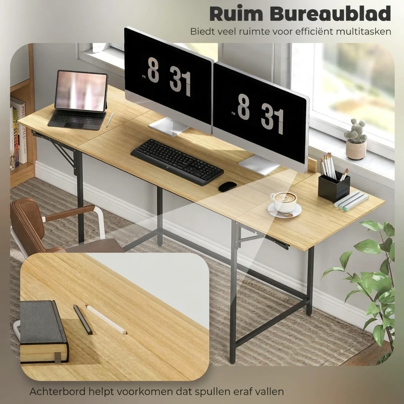 HOMCOM Inklapbare computertafel met 2 uitklapbladen, veel ruimte voor monitoren, metalen poten, stevige constructie, eikenlook + zwart(m-5)