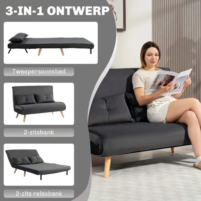 HOMCOM 2-zits slaapbank, bedbank, om te bouwen bank met verstelbare rugleuning, stofbekleding, metalen frame, Grijs