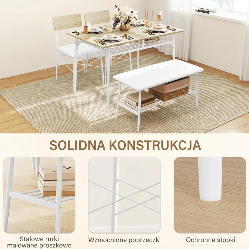 HOMCOM Zestaw jadalniany 4-osobowy, stół, ławka, 2 krzesła, dąb
